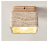 Travertin Plafondlamp Vierkant – Hout & Steen LED E27 Japanse Stijl