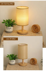 Aurora SilkGlow LED Tafellamp – Dimbare Aziatische Nachtlamp met Houten Basis & Stoffen Kap