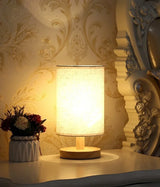 Aurora SilkGlow LED Tafellamp – Dimbare Aziatische Nachtlamp met Houten Basis & Stoffen Kap